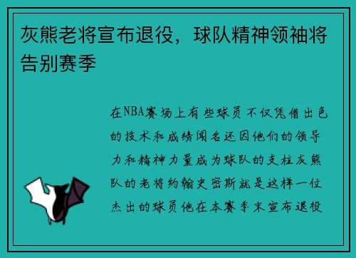 灰熊老将宣布退役，球队精神领袖将告别赛季